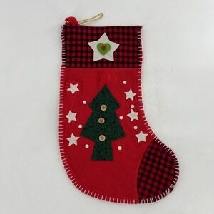 Vintage Felt Christmas Stocking Tree Stitch Button Buffalo Plaid Handcraft 19.5"